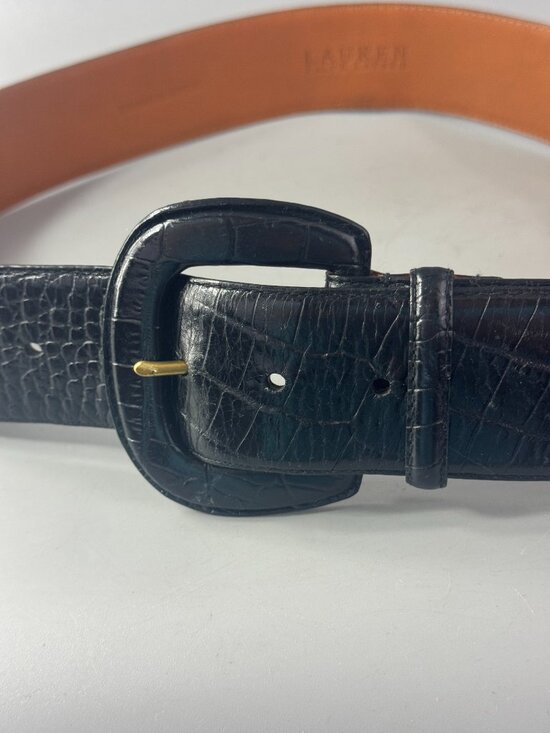 LAUREN RALPH LAUREN WIDE CROC EMBOSSED LEATHER WIDE BELT WOMEN LARGE BLACK main image 9